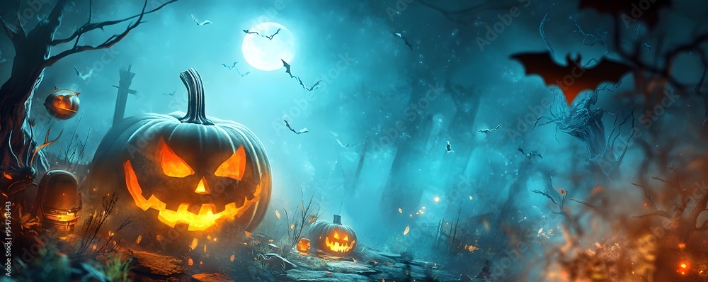 Spooky Halloween Forest with Jack-o'-Lanterns and Bats. Spooky Halloween Forest with Jack-o'-Lanterns and Bats.