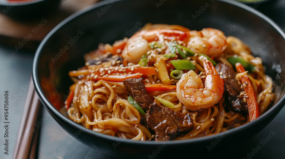 A black bowl of stir-fry noodles with vegetables and shrimp, featuring Japanese soba salad and Asian cuisine hot dishes like udon noodles and beef. A black bowl of stir-fry noodles with vegetables and shrimp, featuring Japanese soba salad and Asian cuisine hot dishes like udon noodles and beef.