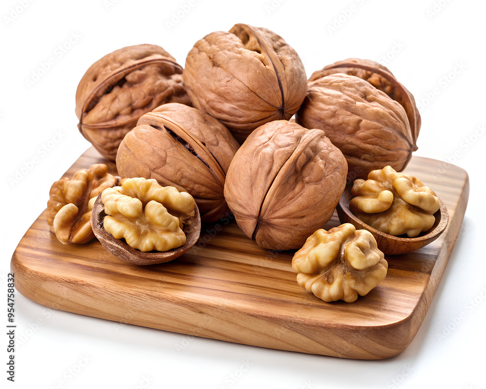 Walnuts open on a wooden board, isolated on white Walnuts open on a wooden board, isolated on white