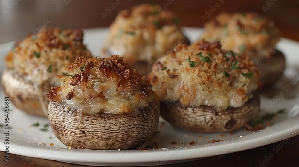 Plate of Delicious Stuffed Mushrooms with Bread Crumbs Close Up, Party Appetizers, on White Plate Plate of Delicious Stuffed Mushrooms with Bread Crumbs Close Up, Party Appetizers, on White Plate