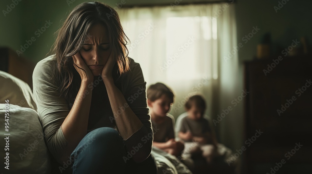 Fototapeta premium Mother's Silent Despair Amidst Children's Innocence