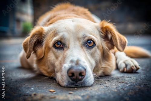 A photo image of a sad, limp, and lifeless dog, lying on the ground, with a pair of half-closed, glassy eyes. photo