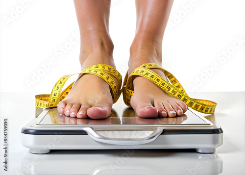 Woman feet standing on weigh scales and measure tape on white background photo