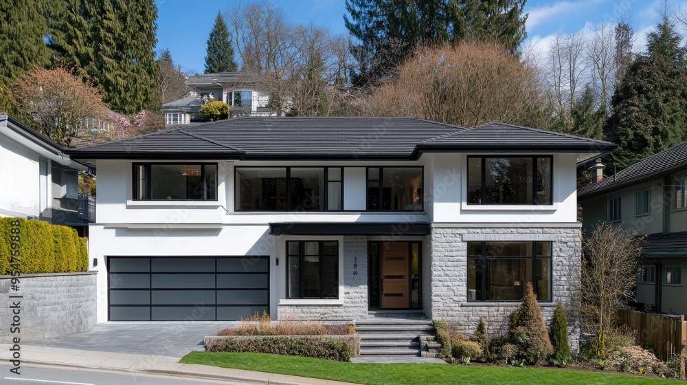 A striking modern house features large windows and a dark gray roof, basking in the sunshine among green landscapes in Vancouver, British Columbia A striking modern house features large windows and a dark gray roof, basking in the sunshine among green landscapes in Vancouver, British Columbia