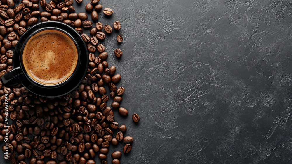 A black coffee cup with aromatic coffee beans on a gray background. A black coffee cup with aromatic coffee beans on a gray background.