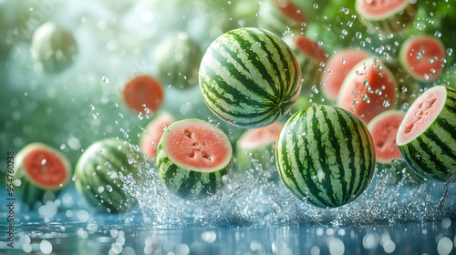 Watermelons falling in motion on blue background. Close-up of many watermelons falling in motion. AI generative photo