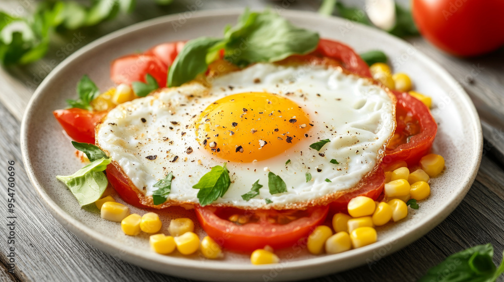 A breakfast dish featuring a sunny side up egg with tomato, corn, and carrot--delicious and healthy, ideal for brunch or a holiday meal. Easy to prepare for a diet-friendly American cuisine. A breakfast dish featuring a sunny side up egg with tomato, corn, and carrot--delicious and healthy, ideal for brunch or a holiday meal. Easy to prepare for a diet-friendly American cuisine.