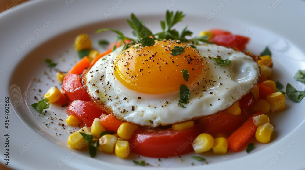 A breakfast dish featuring a sunny side up egg with tomato, corn, and carrot--delicious and healthy, ideal for brunch or a holiday meal. Easy to prepare for a diet-friendly American cuisine. A breakfast dish featuring a sunny side up egg with tomato, corn, and carrot--delicious and healthy, ideal for brunch or a holiday meal. Easy to prepare for a diet-friendly American cuisine.
