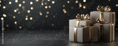 Festive gift box on dark background, banner layout. AI generation.