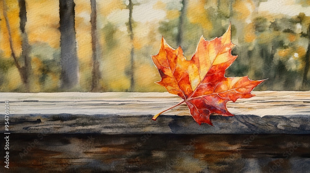 Obraz premium Watercolor painting of an orange maple leaf on a wooden surface against an autumn forest background.