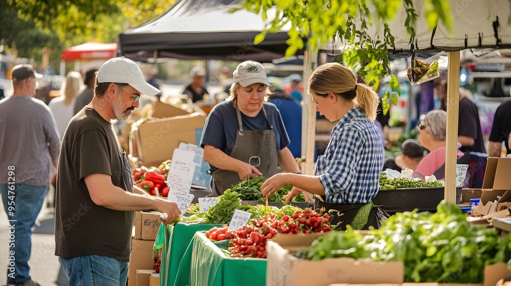 A man looks at produce at a farmer's market. A man looks at produce at a farmer's market.