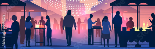 Night market scene with people silhouettes under string lights vibrant colors various stalls and activities cityscape background