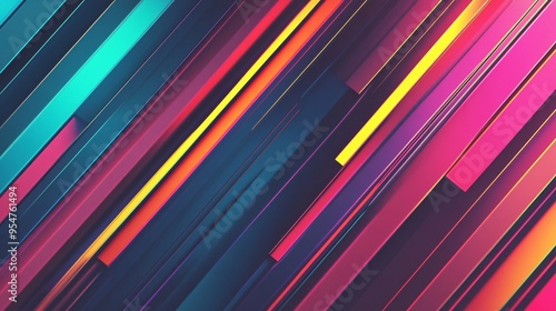 Vibrant colorful lines in shades of blue, pink, and yellow create a dynamic abstract background.
