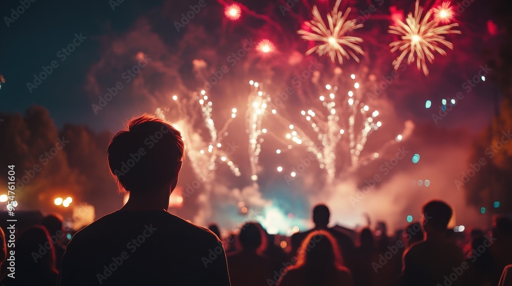 Obraz premium Captivating Fireworks Display over a Gathering Crowd