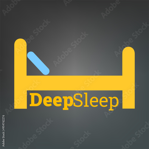 A yellow bed frame with a blue pillow. The word "DeepSleep" is written below the bed frame. The background is a dark gray color.