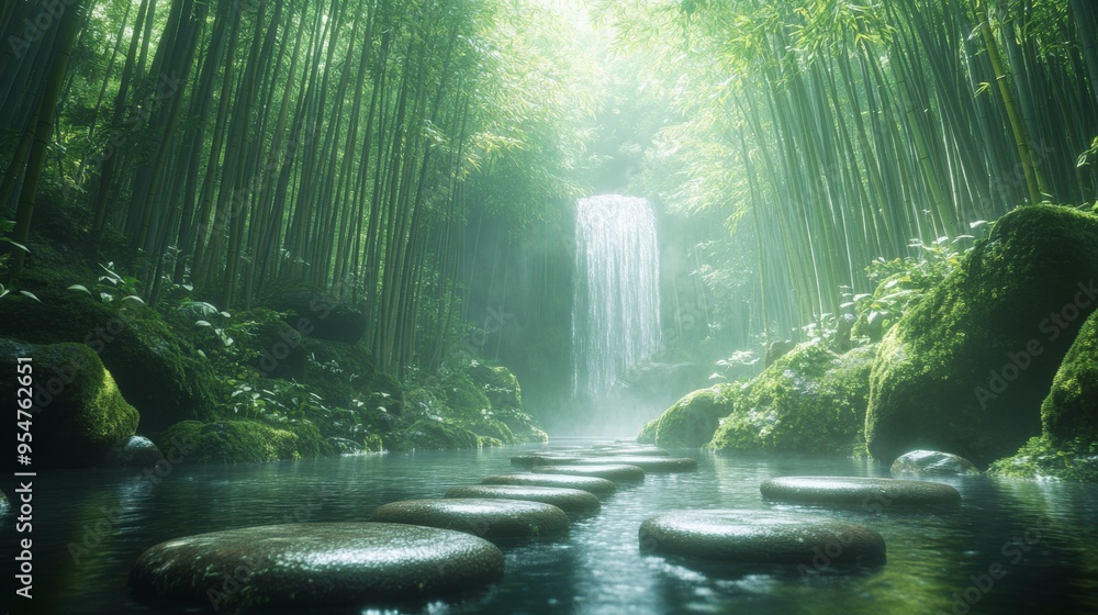 Obraz premium Tranquil Bamboo Forest Waterfall with Stone Path