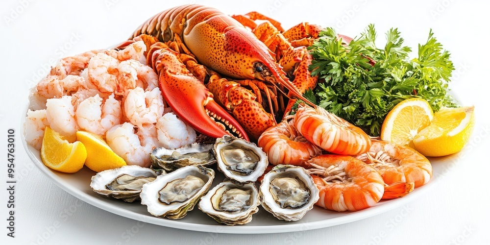 A Plate of Cooked Lobster, Shrimp, Oysters, and Lemon A Plate of Cooked Lobster, Shrimp, Oysters, and Lemon