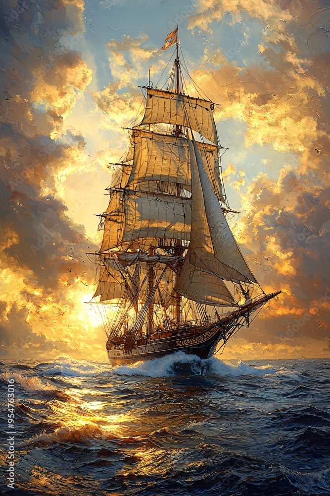 Obraz premium Sailing Ship at Sunset with Golden Clouds