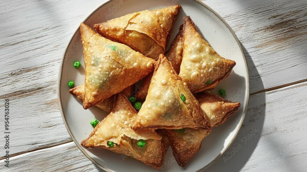 Crispy Samosas on a Plate with Green Peas Garnish Crispy Samosas on a Plate with Green Peas Garnish