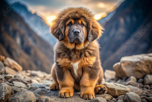 A photo image of a Tibetan Mastiff puppy sitting on a rocky terrain, gazing directly at the camera with its piercing brown eyes.