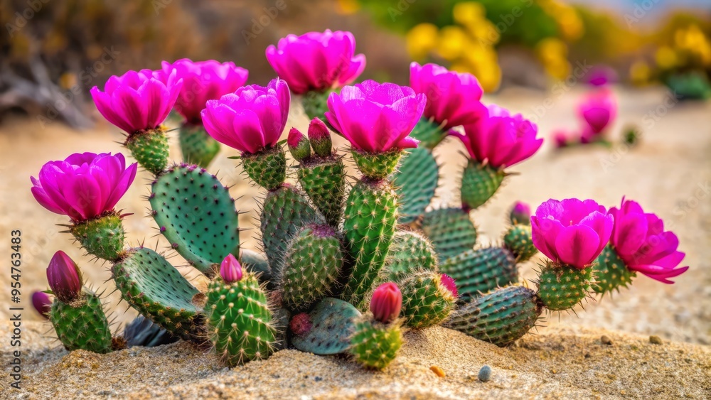 A vibrant prickly pear cactus stands tall in the sandy dunes, its neon pink flowers bursting forth in a burst of color against the barren landscape. A vibrant prickly pear cactus stands tall in the sandy dunes, its neon pink flowers bursting forth in a burst of color against the barren landscape.