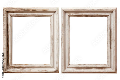 A pair of distressed wooden vintage frames with a shabby chic finish, isolated on white background