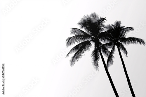 minimalistic black-and-white image featuring two palm trees silhouetted against a blank white sky, emphasizing simplicity and contrast