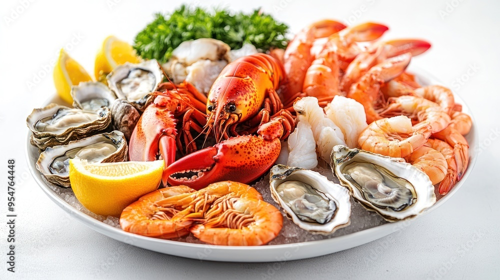 Fresh Lobster, Shrimp, Oysters, and Lemon on Ice Fresh Lobster, Shrimp, Oysters, and Lemon on Ice