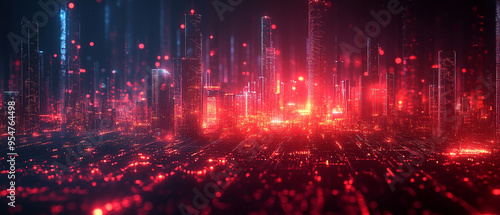 Vibrant digital landscape with glowing data streams and futuristic elements, creating a cybernetic city atmosphere.