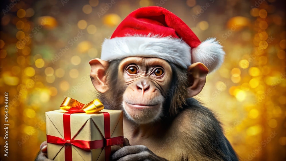 A joyful monkey dons a festive Santa hat, surrounded by colorful presents, exuding cheer and spreading holiday joy. A joyful monkey dons a festive Santa hat, surrounded by colorful presents, exuding cheer and spreading holiday joy.