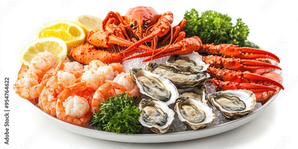 Plate of Freshly Cooked Lobster, Oysters, Shrimp, and Lemon Plate of Freshly Cooked Lobster, Oysters, Shrimp, and Lemon