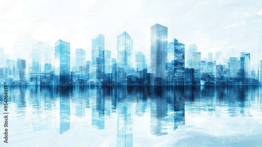 Fototapeta premium Futuristic city skyline reflected in water