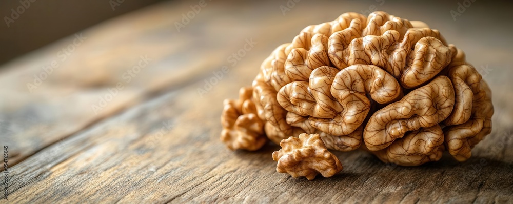 Close-up of walnuts shaped like a brain on a rustic wooden table, natural brain food, symbolic imagery Close-up of walnuts shaped like a brain on a rustic wooden table, natural brain food, symbolic imagery