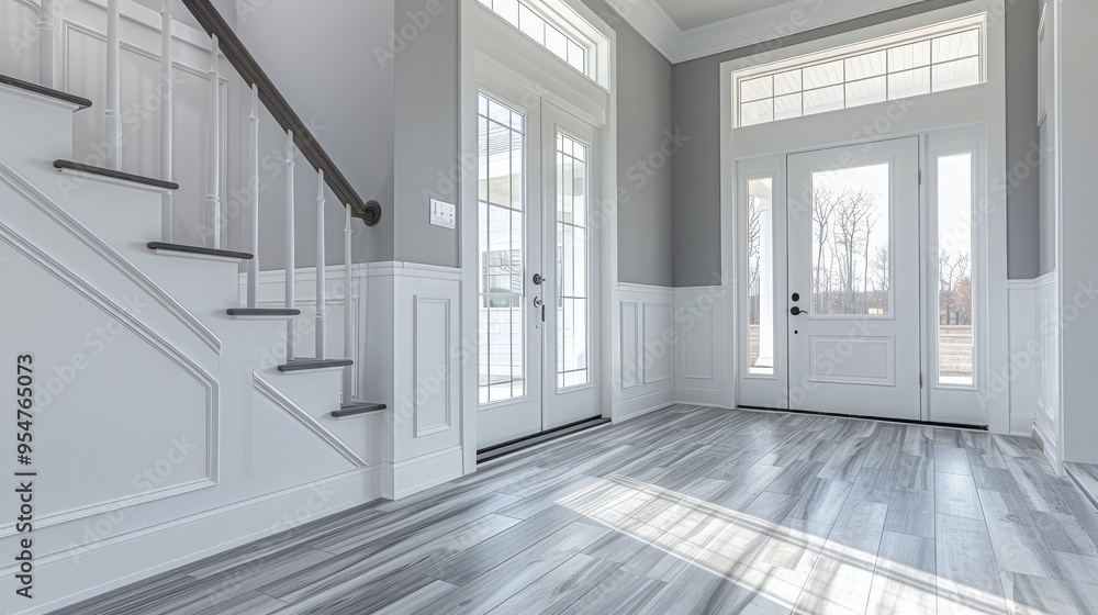 A modern farmhouse style foyer with gray LVP flooring. The walls are also painted gray. Generative AI. A modern farmhouse style foyer with gray LVP flooring. The walls are also painted gray. Generative AI.