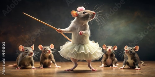 A photo image of a rat wearing a tutu and holding a tiny scepter attempting to conduct an orchestra of pet mice photo