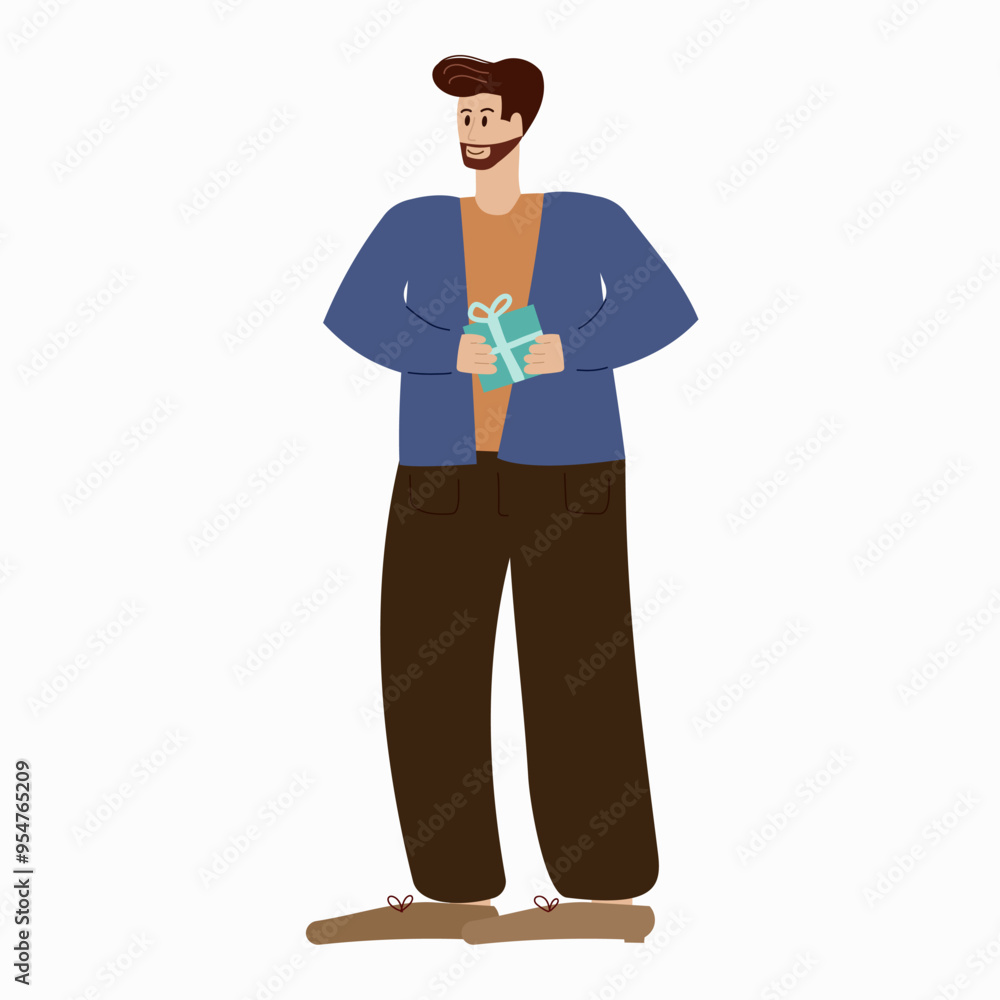Man holding a giftbox in hands. Advertisement, present, surprise, winning, celebration. Vector flat design Man holding a giftbox in hands. Advertisement, present, surprise, winning, celebration. Vector flat design