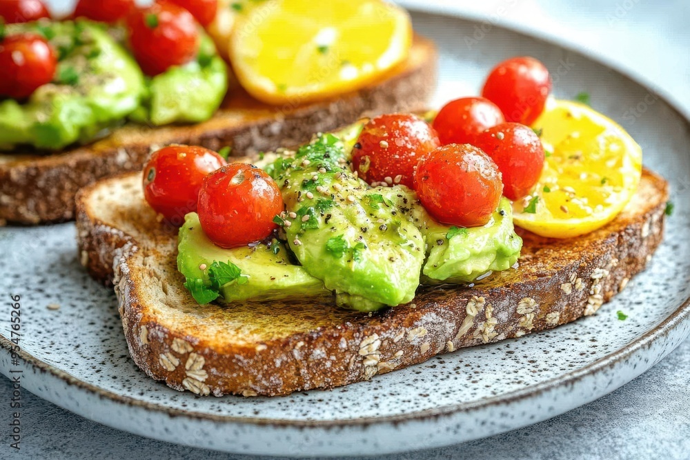 Whole grain toast topped with smashed avocado and cherry tomatoes, brain-boosting breakfast, simple and healthy Whole grain toast topped with smashed avocado and cherry tomatoes, brain-boosting breakfast, simple and healthy
