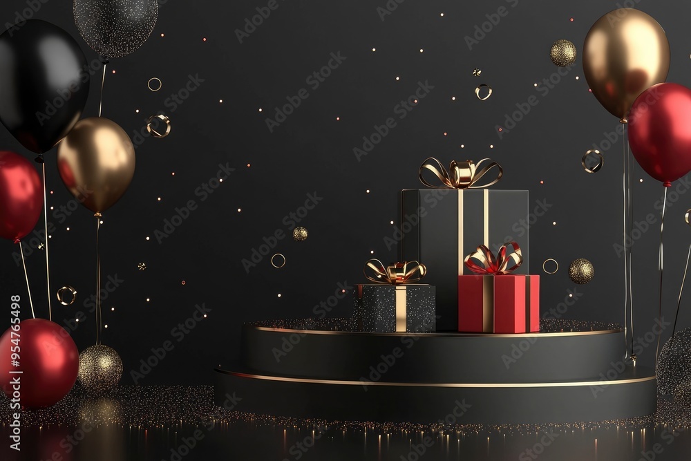 Black friday sale background with product display podium with gift box decoration and balloons and glitter light effect elements with generative ai Black friday sale background with product display podium with gift box decoration and balloons and glitter light effect elements with generative ai