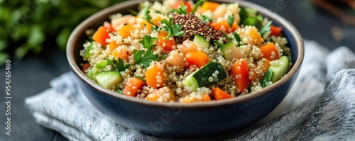 Bowl of quinoa salad with mixed vegetables and a sprinkle of seeds, nutrient-dense brain food, wholesome meal