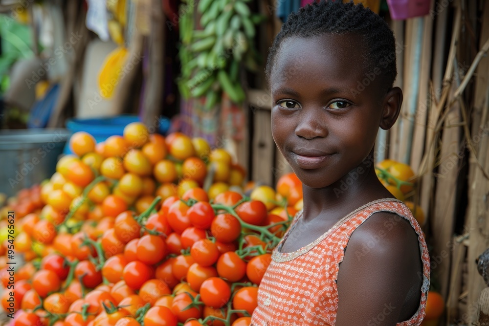 Fototapeta premium Young Girl in African Market with Fresh Tomatoes and Bananas