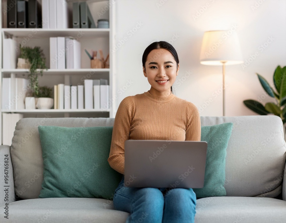A girl participating in a video conference at home, watching her laptop while sitting on the couch in the living room. She looks at the camera with space around her. A girl participating in a video conference at home, watching her laptop while sitting on the couch in the living room. She looks at the camera with space around her.