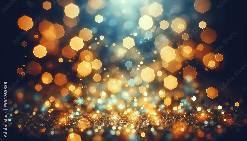 A blurred background featuring a mix of golden and soft blue bokeh lights creating a dreamy festive atmosphere. The lights vary in size and shape with some appearing hexagonal and others circular A blurred background featuring a mix of golden and soft blue bokeh lights creating a dreamy festive atmosphere. The lights vary in size and shape with some appearing hexagonal and others circular