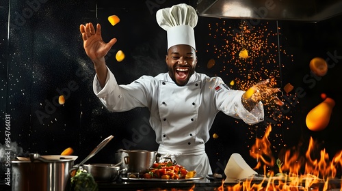 A happy male chef tosses ingredients in the air while cooking over a roaring flame.