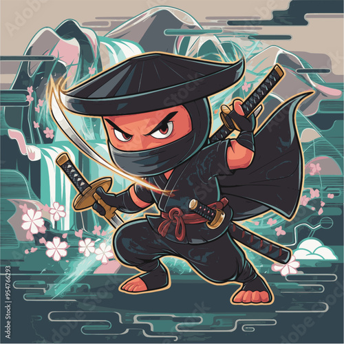 ninja cartoon hold double sword design character
