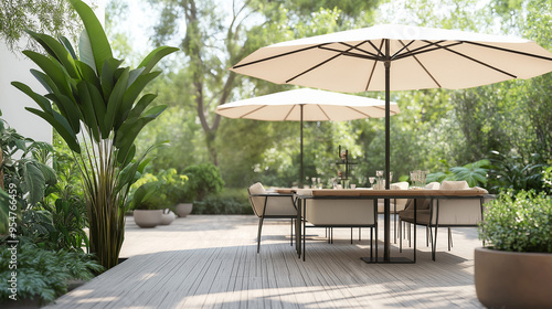 table and chairs in a garden, modern living room, table and chairs, A dining space with contemporary furniture, stylish umbrellas, and planters,