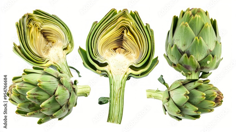 Obraz premium Fresh and healthy artichokes displayed beautifully on a white background. The vibrant green color and unique shapes showcase their freshness. Perfect for food photography or culinary design. AI