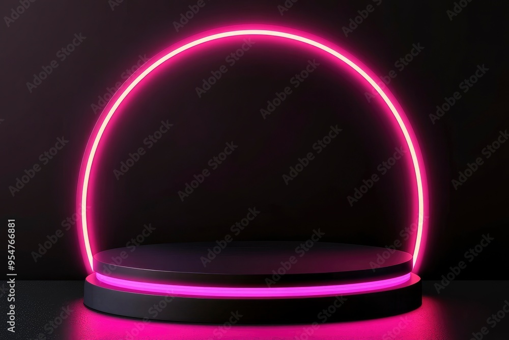 Black Friday Sale Concept. Empty circle pedestal for product displays with Pink neon arch lighting on black background. Vector illustration with generative ai Black Friday Sale Concept. Empty circle pedestal for product displays with Pink neon arch lighting on black background. Vector illustration with generative ai
