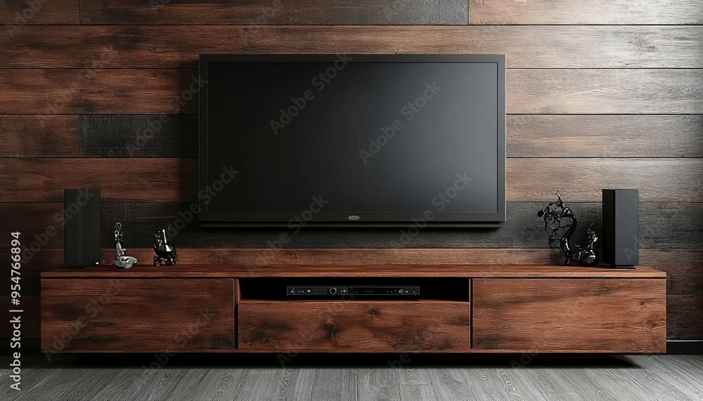 Modern Living Room Interior With Television On Wooden Wall, Entertainment Center With Sound System Modern Living Room Interior With Television On Wooden Wall, Entertainment Center With Sound System