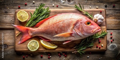 a photo image of a fresh raw red snapper fish placed on a rustic wooden chopping board with a slight gloss in the lighting. photo