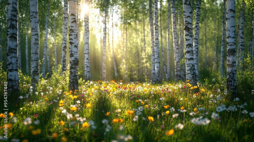 Obraz premium Sunlit Birch Forest with Wildflowers